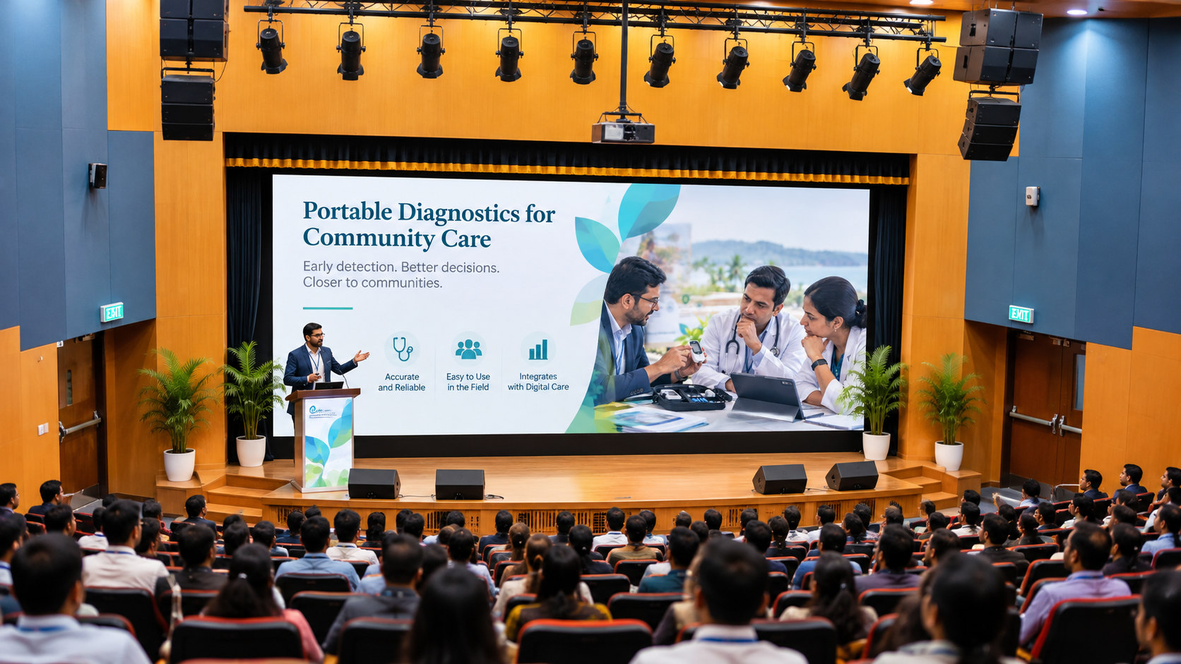 A founder demonstrating a diagnostic device to clinicians